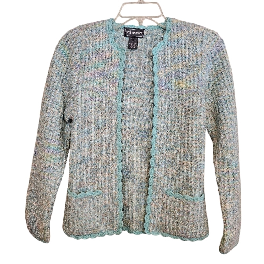 Nwot Vintage Twee Coquette Scalloped Hem Open Front Sweater Rainbow Knit